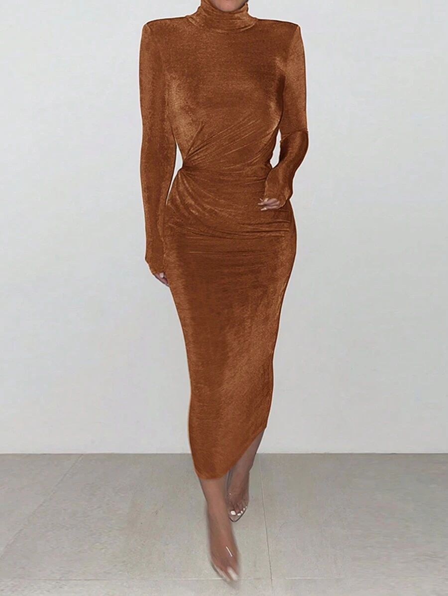 Robe Moulante À Col Montant À Ruché - Tabac - Voir 1