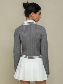 SHEIN Unity 條紋飾邊前紐扣短款開衫 - 灰色 - 查看 2