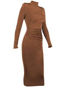 Robe Moulante À Col Montant À Ruché - Tabac - Voir 3