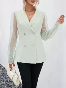 SHEIN Privé Contrast Mesh Flounce Sleeve Shawl Collar Double Breasted Blazer - Mint Green - View 1