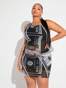 SHEIN SXY Plus Dollar Print Mesh Tank Dress - Multicolor - View 5