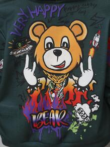 SHEIN Leap Crew Young Boys Casual Funny Animal & English Graphic Hooded Patchwork Sweatshirt - Green - View 3