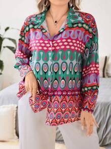 SHEIN Clasi Plus Geo Print Drop Shoulder Shirt Fall Cloth For Women - Orange - View 3