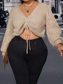 Celure Hơn Mặt trước dây rút Áo len Crop - Màu be - Xem 1