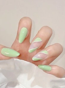 Instantly Upgrade Your Look with 24pcs Long Almond Green Solid Color Block Striped Fake Nail & 1sheet Tape & 1pc Nail File - Multicolor - View 5