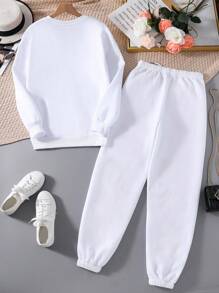 INAWLY Solid Thermal Lined Sweatshirt & Drawstring Waist Sweatpants - White - View 2