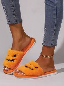 Halloween Fun Slippers, Orange Colored & Open Toe Design Women's Winter Indoor Anti-slip Home Slippers, Fashionable - Orange - View 4