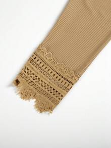 Guipure Lace Trim Drop Shoulder Tee - Khaki - View 4