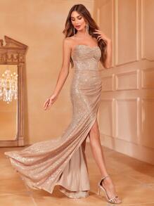 Faeriesty Ruched Front Split Thigh Sequin Tube Party Dress - Champagne - View 6