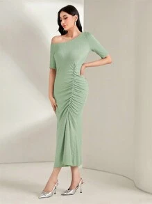 Modelyn Asymmetrical Neck Ruched Mermaid Hem Dress Long Evening Dresses - Green - View 3