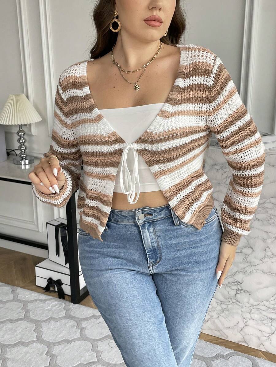 SHEIN Franclia Plus Striped Pattern Tie Front Cardigan - Multicolor - View 1