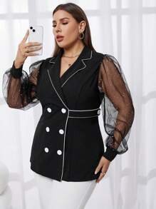 SHEIN Privé Plus Contrast Mesh Lantern Sleeve Double Breasted Contrast Binding Blazer - Black - View 6