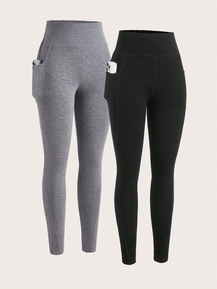 2pcs Solid Wideband Waist Leggings With Phone Pocket