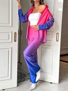 SHEIN Essnce 漸層落肩袖襯衫&闊腿褲 - 彩色 - 查看 3