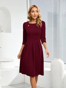 HOMEYEE Vestido Botón Cremallera Pliegues Liso Elegante - Burdeos - Ver 4