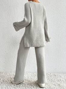 SHEIN LUNE Jersey de manga raglán bajo con abertura con pantalones tejidos