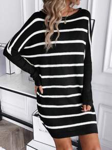 SHEIN Unity Striped Pattern Batwing Sleeve Sweater Dress - Black and White - View 1