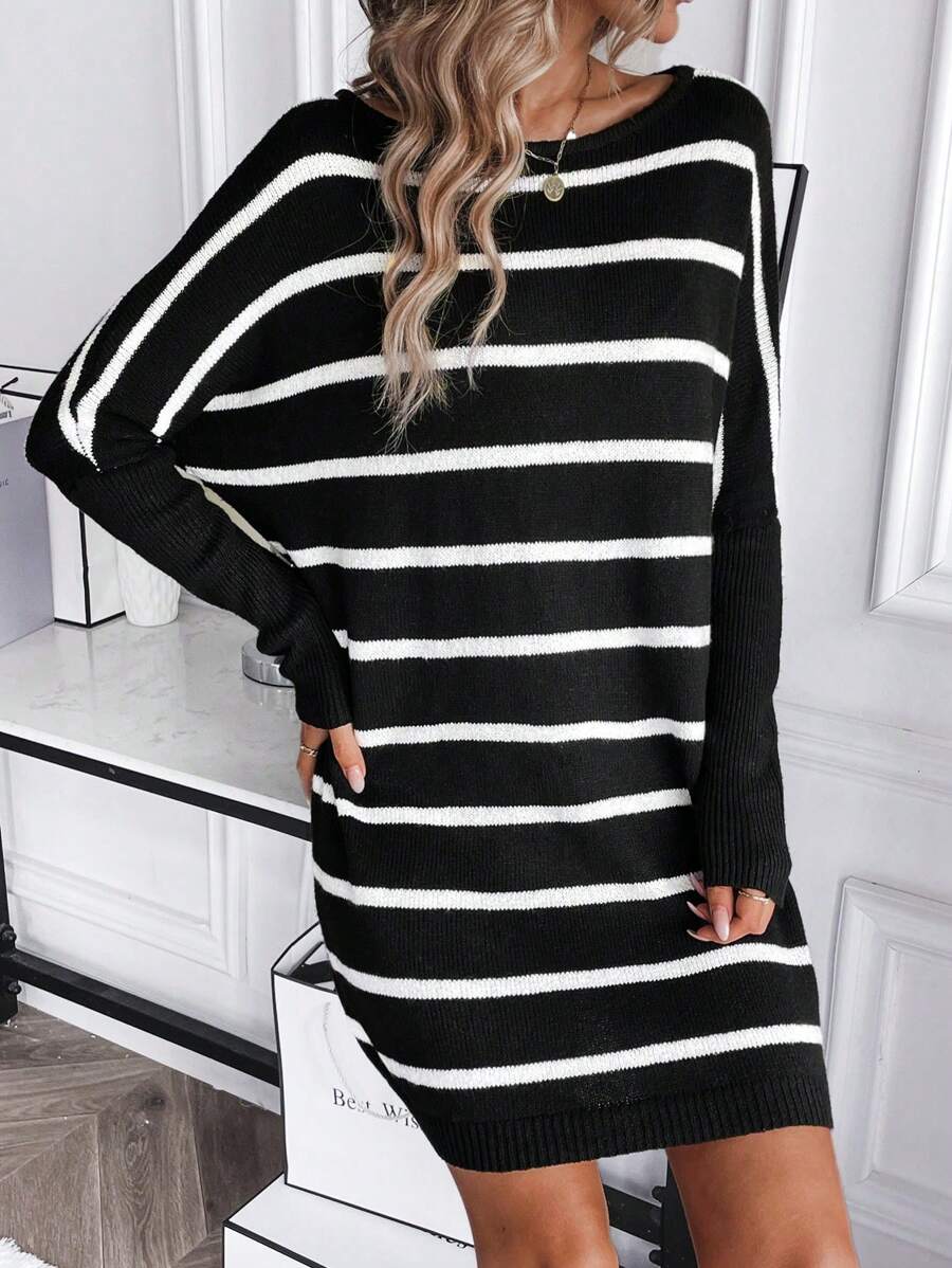 SHEIN Unity Striped Pattern Batwing Sleeve Sweater Dress - Black and White - View 1