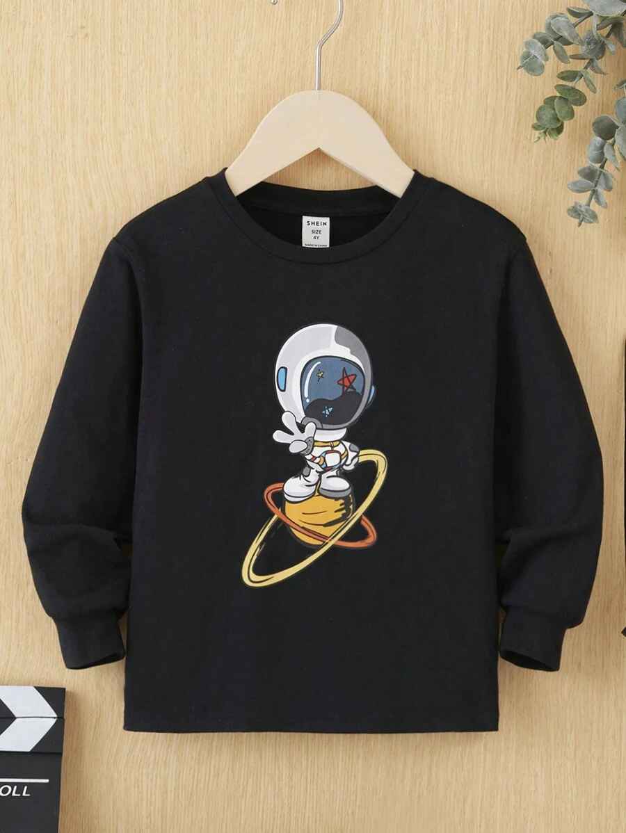 SHEIN 男童休閒舒適寬鬆針織毛衣，太空人印花，圓領，長袖 - 黑色 - 查看 1