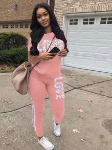 Letter Graphic Tee & Side Stripe Sweatpants - Pink - View 1