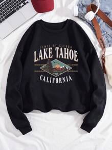 SHEIN Essnce Đồ họa Khẩu hiệu Lót nhiệt Áo nỉ - màu đen - Xem 1