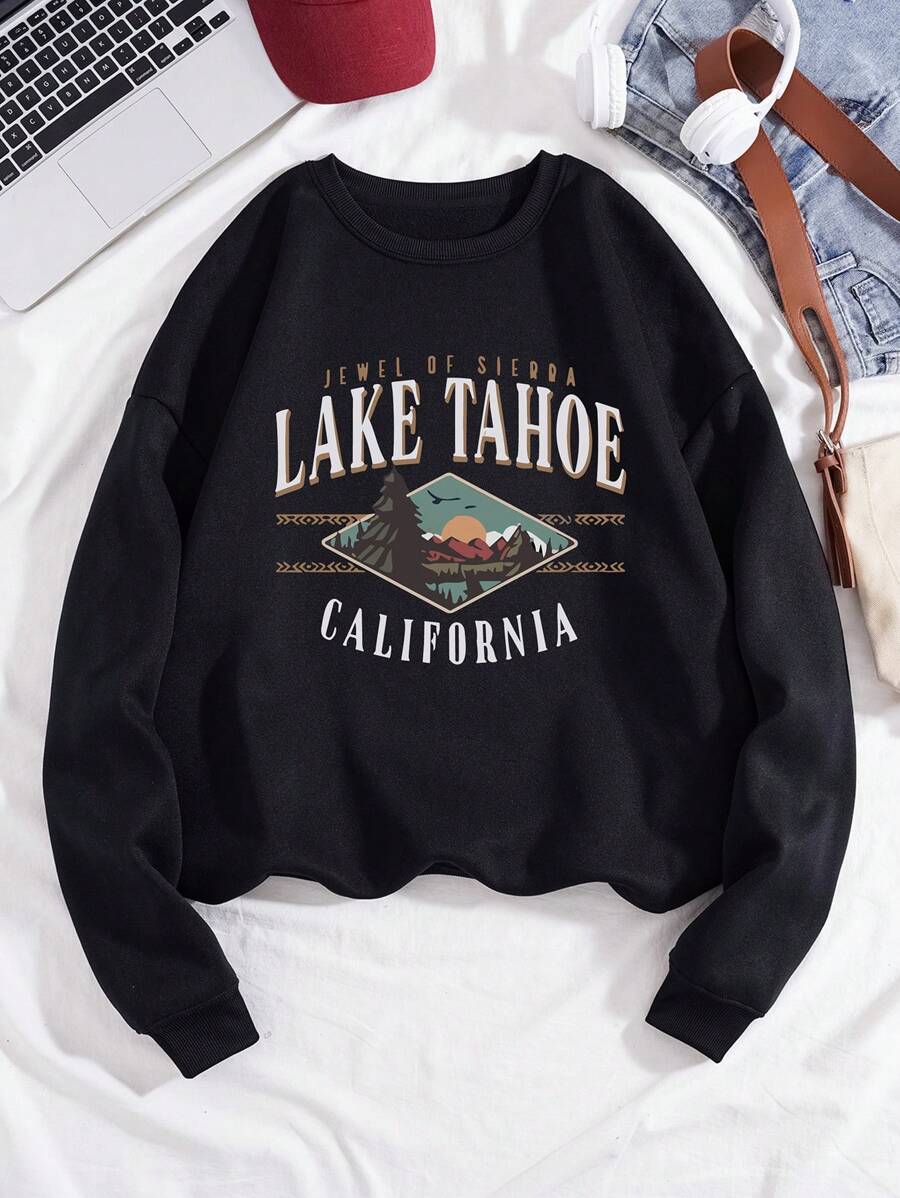 SHEIN Essnce Đồ họa Khẩu hiệu Lót nhiệt Áo nỉ - màu đen - Xem 1