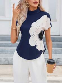 SHEIN Clasi Floral Print Batwing Sleeve Curved Hem Mock Neck Blouse - Royal Blue - View 1