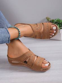 Damen Sommer Stickgarn Loch, Sandalen , Gemütlich weich Outdoor Strand Urlaub Keilabsatz, Heel Dick Unterseite Schuhe - Kamelfarben - Übersicht 2