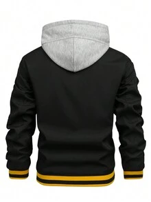 Manfinity Homme Loose Fit Men's Letter Graphic Striped Trim Hooded Jacket - Black - View 2