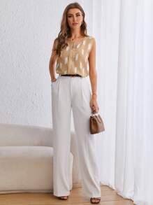 SHEIN Clasi Geo Print Press Crease Blouse - Khaki - View 4