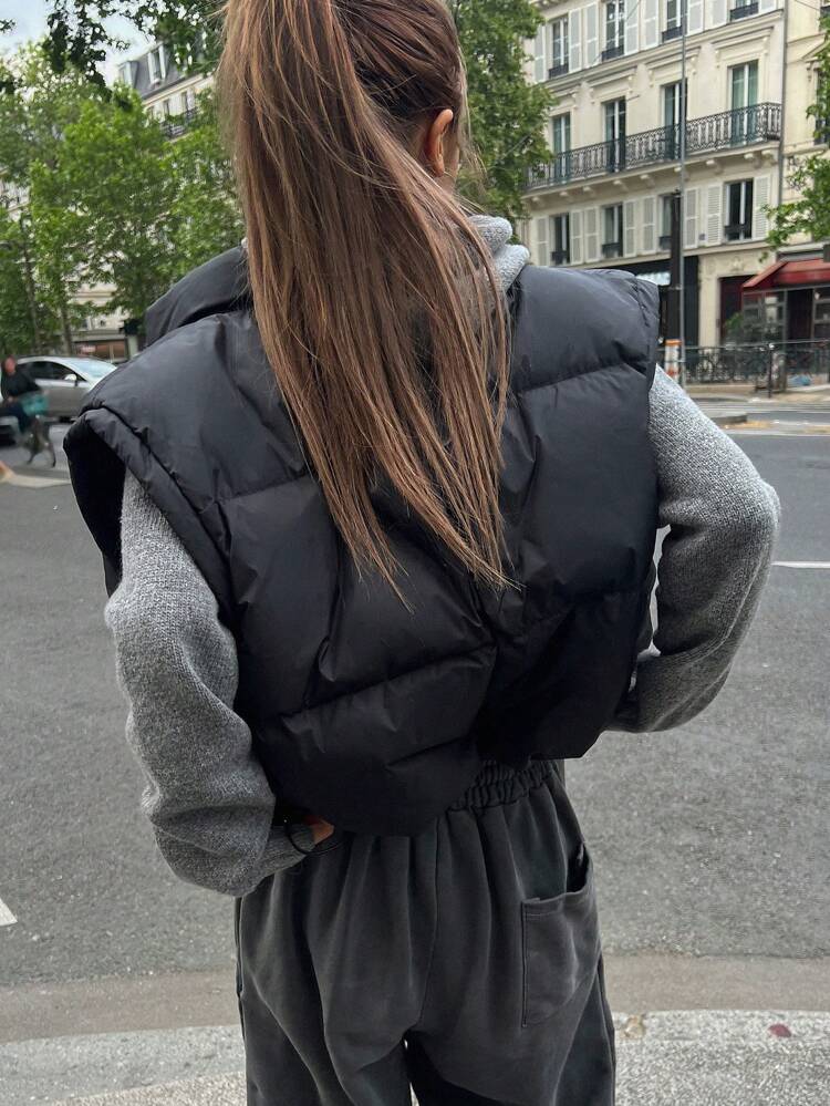 1Pc Snap Button Front Vest Padded Pockets Coat, Women Winter Coat Jacket