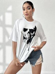 SHEIN Unity 萬聖節骷髅頭圖案落肩T恤 - 白色 - 查看 5