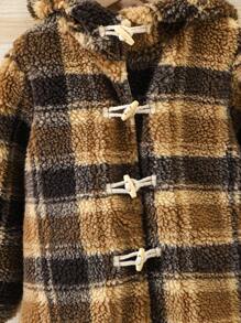 Young Boy Plaid Pattern Hooded Duffle Teddy Coat - Multicolor - View 4