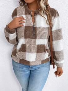 SHEIN LUNE Plus Buffalo Plaid Print Half Zip Teddy Sweatshirt - Coffee Brown - View 8