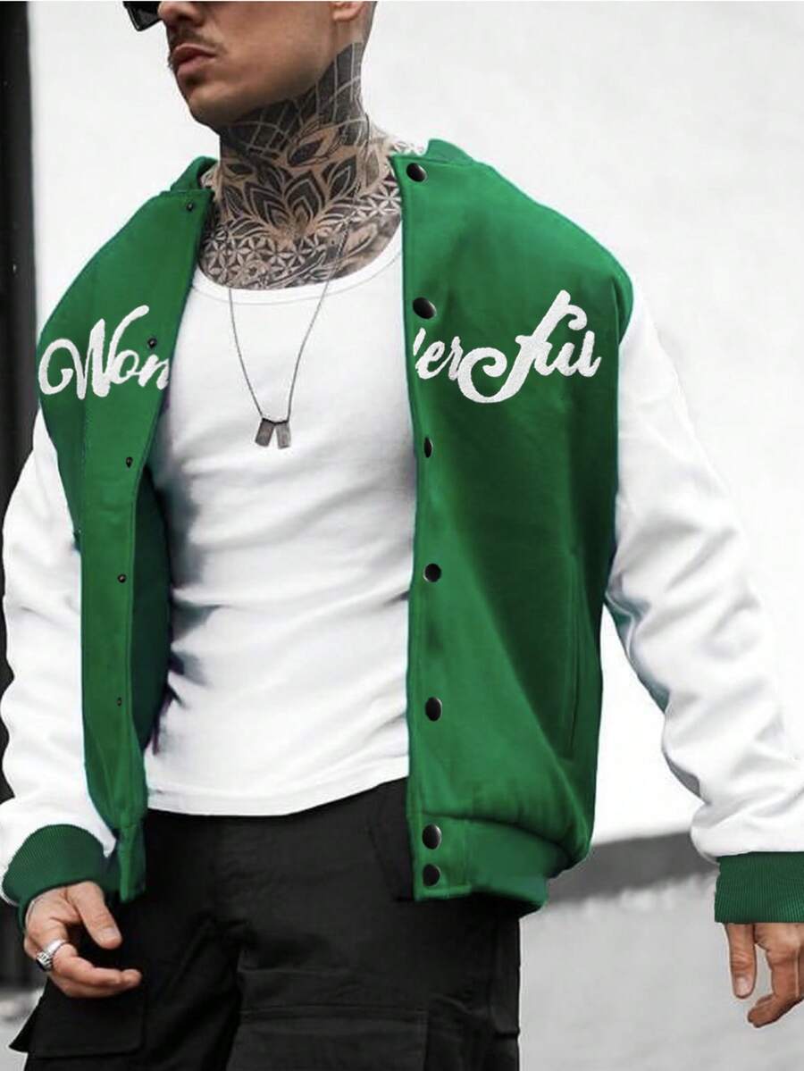 Aesthetic Post Nam Đồ họa Chữ cái Hai âm Áo khoác Đại học - màu xanh lá - Xem 1