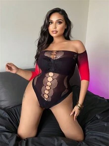 Cut Out Fishnet Insert Off Shoulder Bodysuit Without Liner - Multicolor - View 5