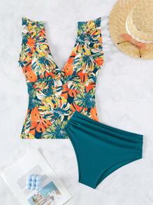SHEIN Swim Summer Beach Tropical Print Ruffle Trim Tankini - Multicolor - View 3