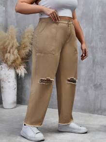 SHEIN LUNE Hơn Rách Cắt Thô Quần legging thẳng - Màu Khaki - Xem 5