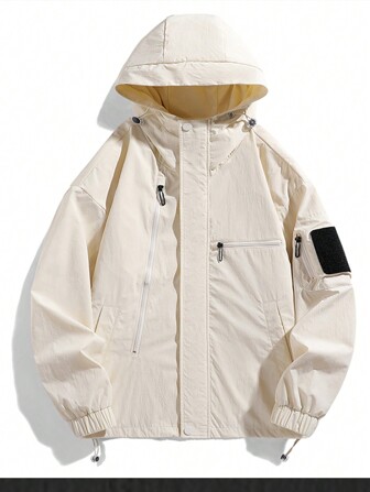 Men Zip Up Drawstring Hem Hooded Jacket