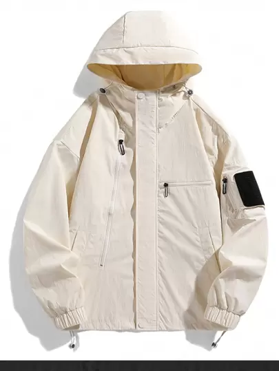 Men Zip Up Drawstring Hem Hooded Jacket