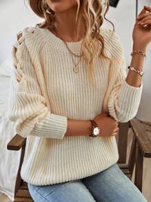 SHEIN LUNE Lace Up Raglan Sleeve Sweater - Apricot - View 5