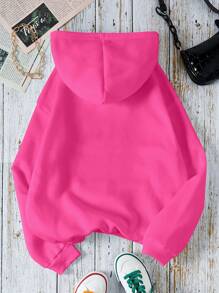 SHEIN EZwear Slogan Graphic Kangaroo Pocket Drawstring Thermal Hoodie - Red - View 2