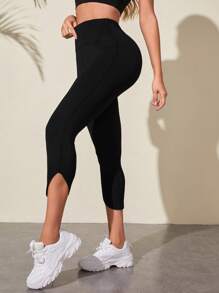 Easithlete Reflective Back Wide Waistband Capri Sports Leggings - Black - View 2