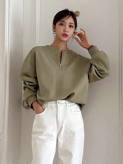 DAZY ハーフジッパー ドロップショルダー オーバーサイズスウェットシャツ DAZY ハーフジップ ドロップショルダー オーバーサイズ フリース