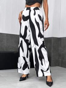 SHEIN Privé 圖案印花闊腿褲 - 杏色 - 查看 3