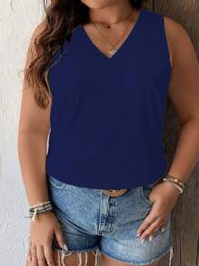 Calvaya Plus Solid V Neck Tank Top - Royal Blue - View 3