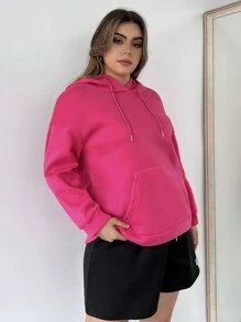 Flirla Plus Figure & Letter Graphic Drop Shoulder Drawstring Hoodie - Hot Pink - View 2