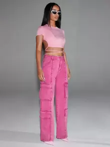 SHEIN BAE 翻蓋口袋工裝牛仔褲 - 粉色 - 查看 4