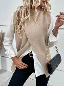 EMERY ROSE Mock Neck Wrap Sweater Vest Without Blouse - Khaki - View 5