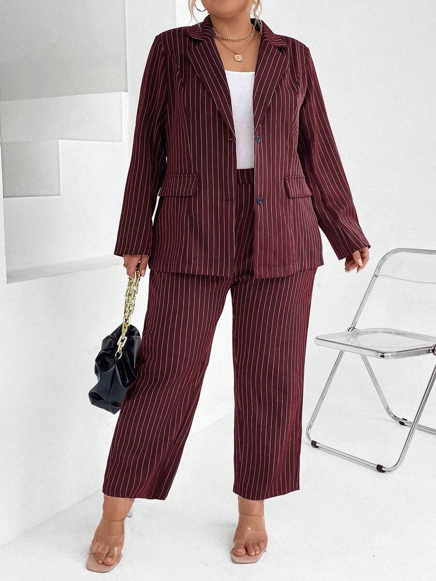Calvaya Plus Pinstriped Print Blazer & Pants - Burgundy - View 1
